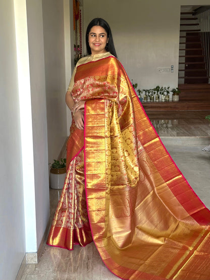 Golden-Rani Handloom Jamawar Pure Tissue Silk Saree
