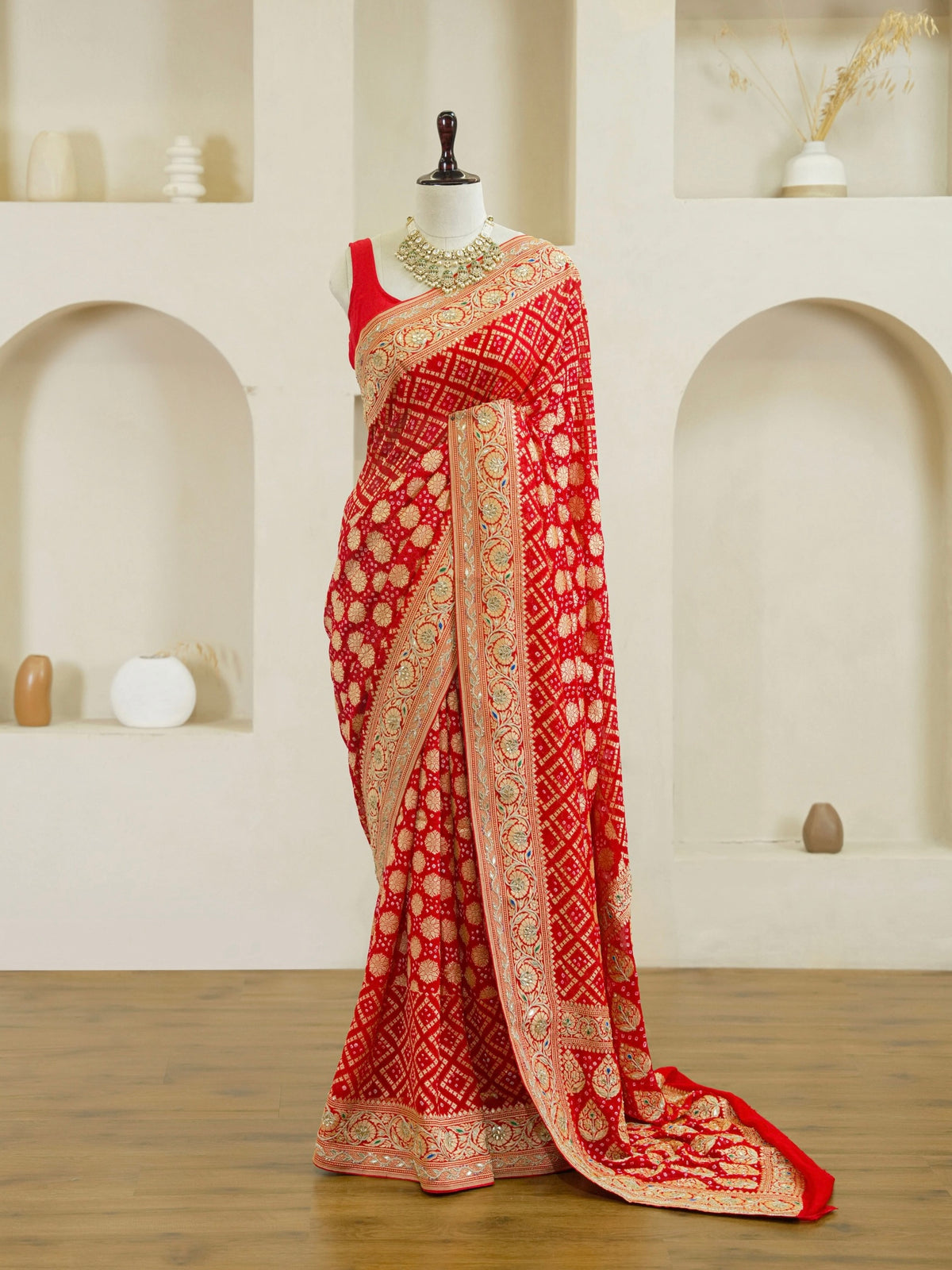 Red Pure Georgette Gharchola Bandhej With Hand Work Saree