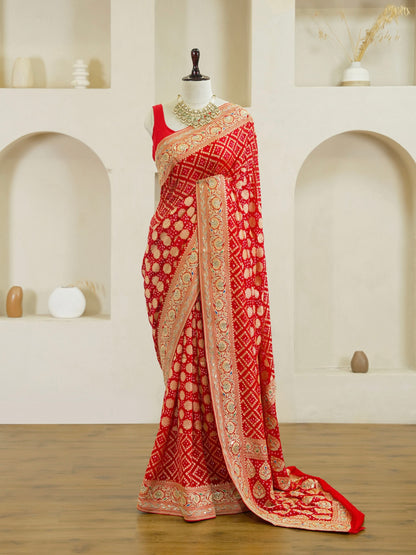 Red Pure Georgette Gharchola Bandhej With Hand Work Saree