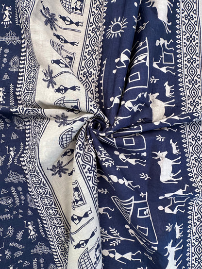 Navy Blue Warli Print Pure Cotton Saree