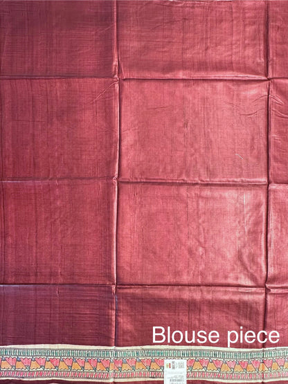 Maroon Madhubani Art Pure Tussar Silk Saree