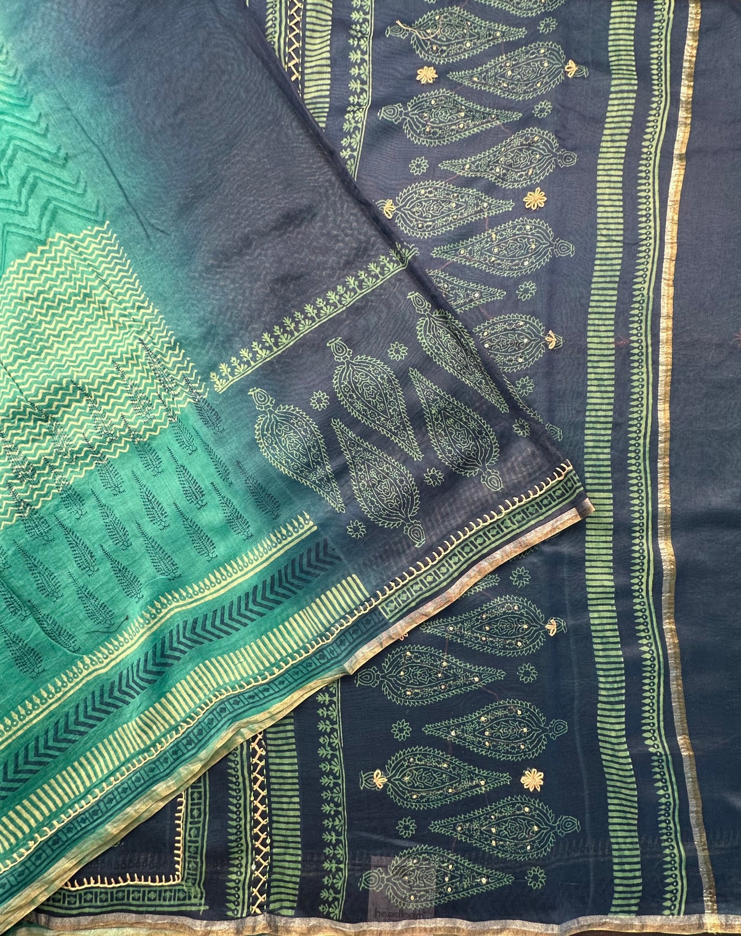 Blue-Sea Green Block Print Chanderi Saree With Kaantha Stitch