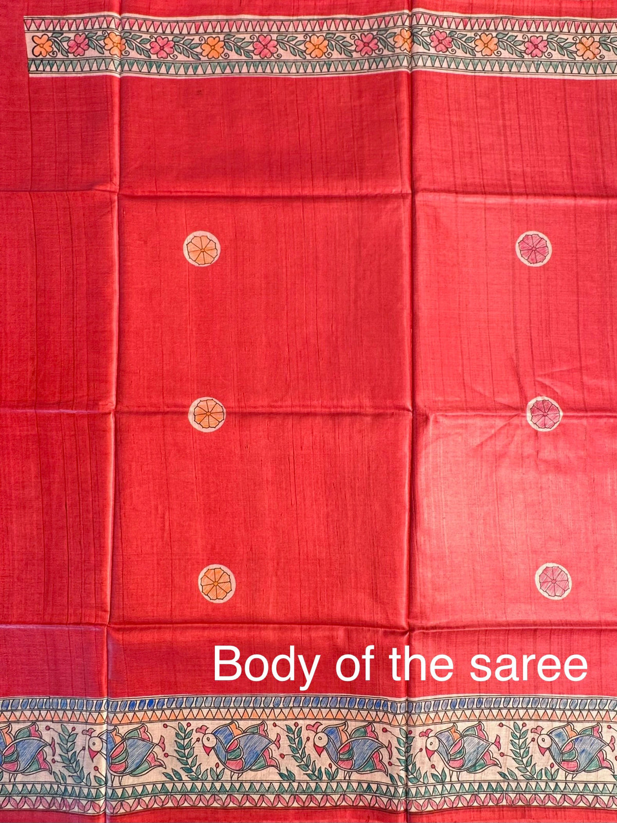 Red Madhubani Art Pure Tussar Silk Saree