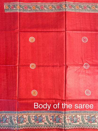 Red Madhubani Art Pure Tussar Silk Saree