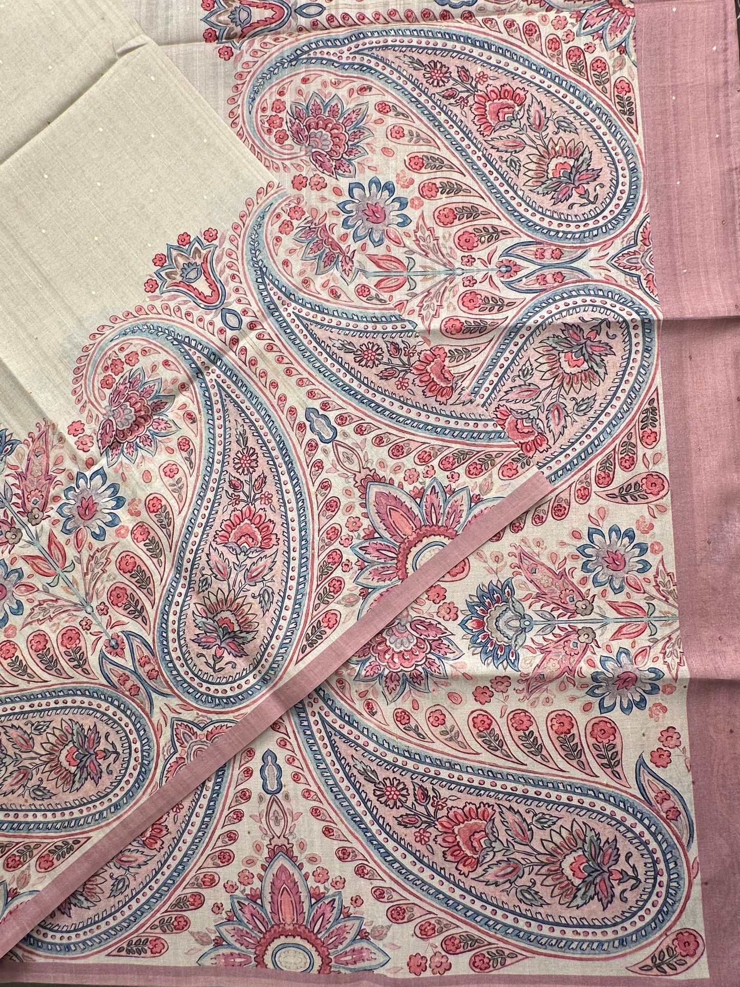 Off White-Pink Printed Art Silk Saree