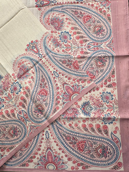 Off White-Pink Printed Art Silk Saree