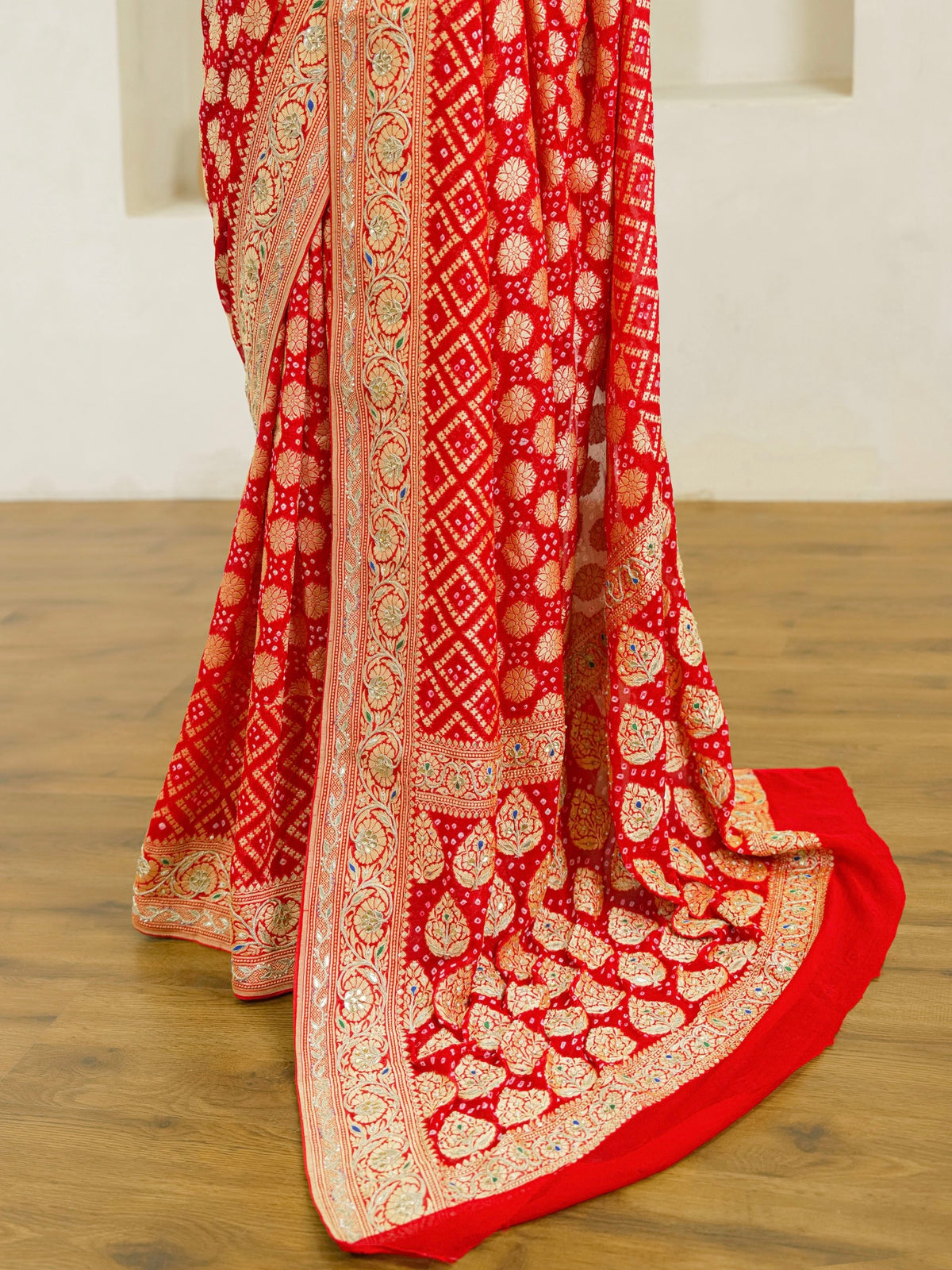 Red Pure Georgette Gharchola Bandhej With Hand Work Saree