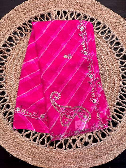 Rani Kyra Leheriya Kota Doria Pure Silk Saree With Gota Patti Work