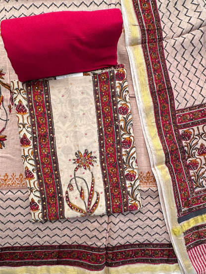 Beige-Red Chanderi 3-Piece Suit