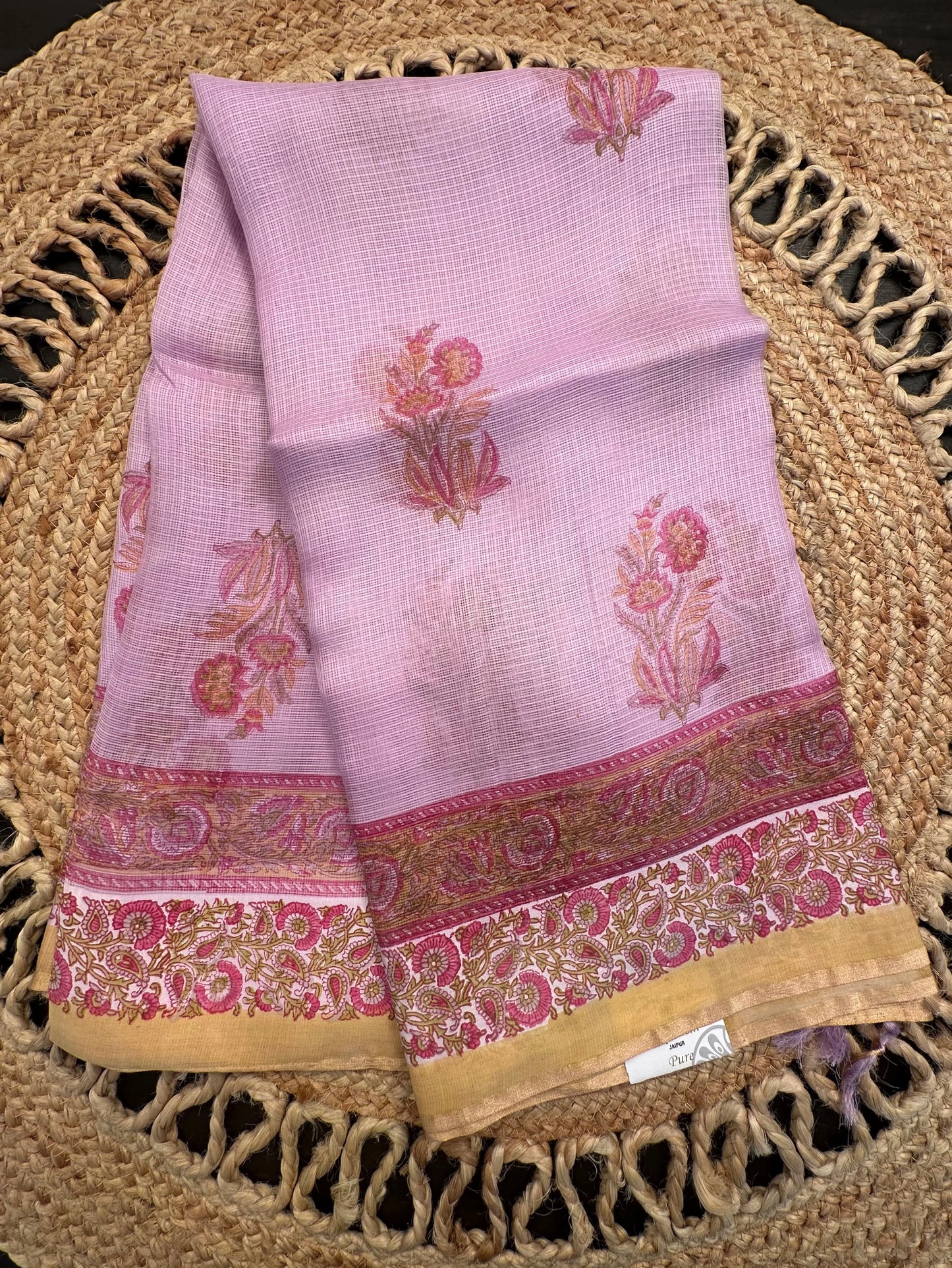 Mauve Hand Block-Print Pure Kota Doria Silk Saree