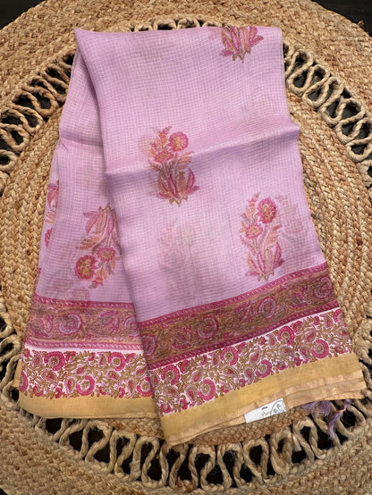 Mauve Hand Block-Print Pure Kota Doria Silk Saree