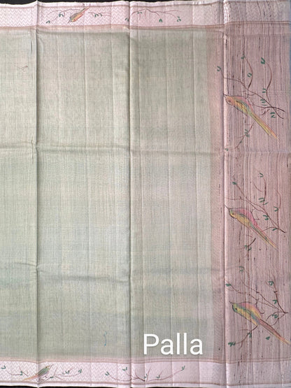 Pista Green Hand Print Muga Silk Saree