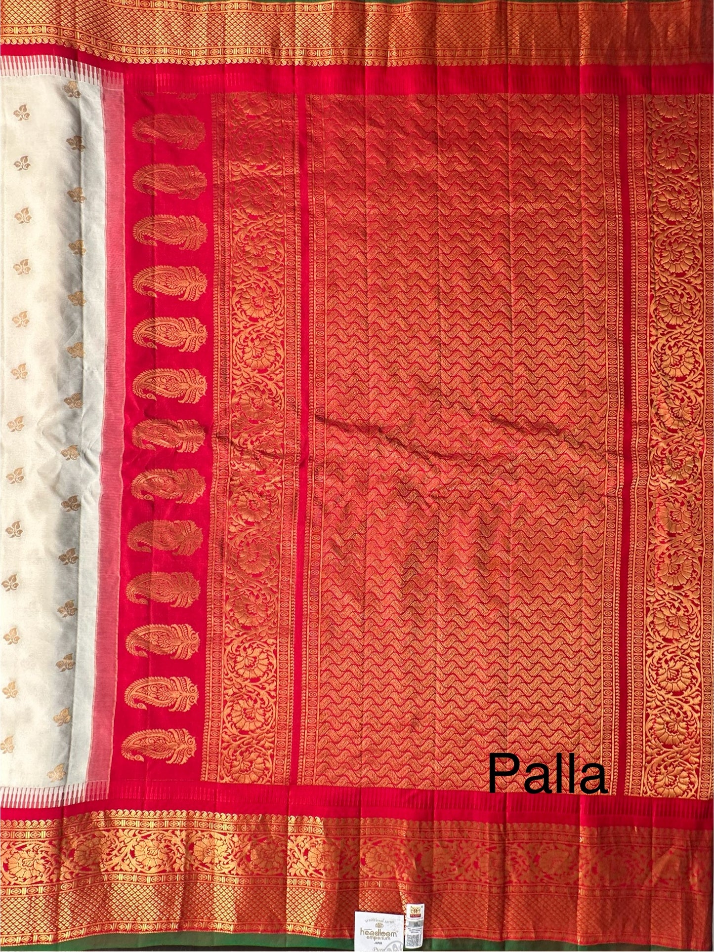 Off-White Red Gadwal Pure Silk Saree