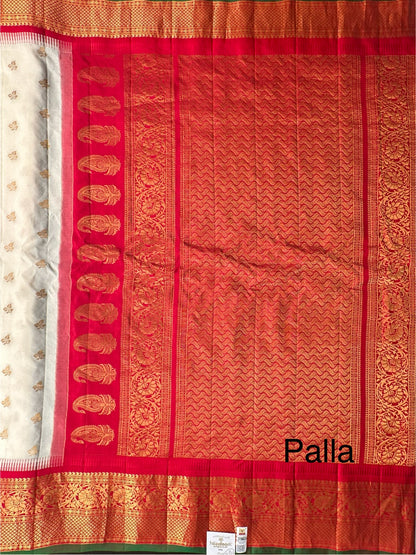 Off-White Red Gadwal Pure Silk Saree