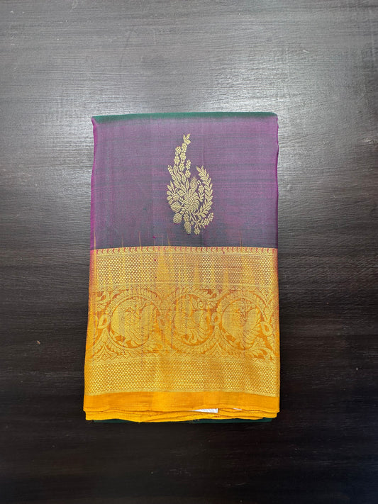 Peacock Blue-Mustard Handloom Kanjivaram Pure Silk Saree