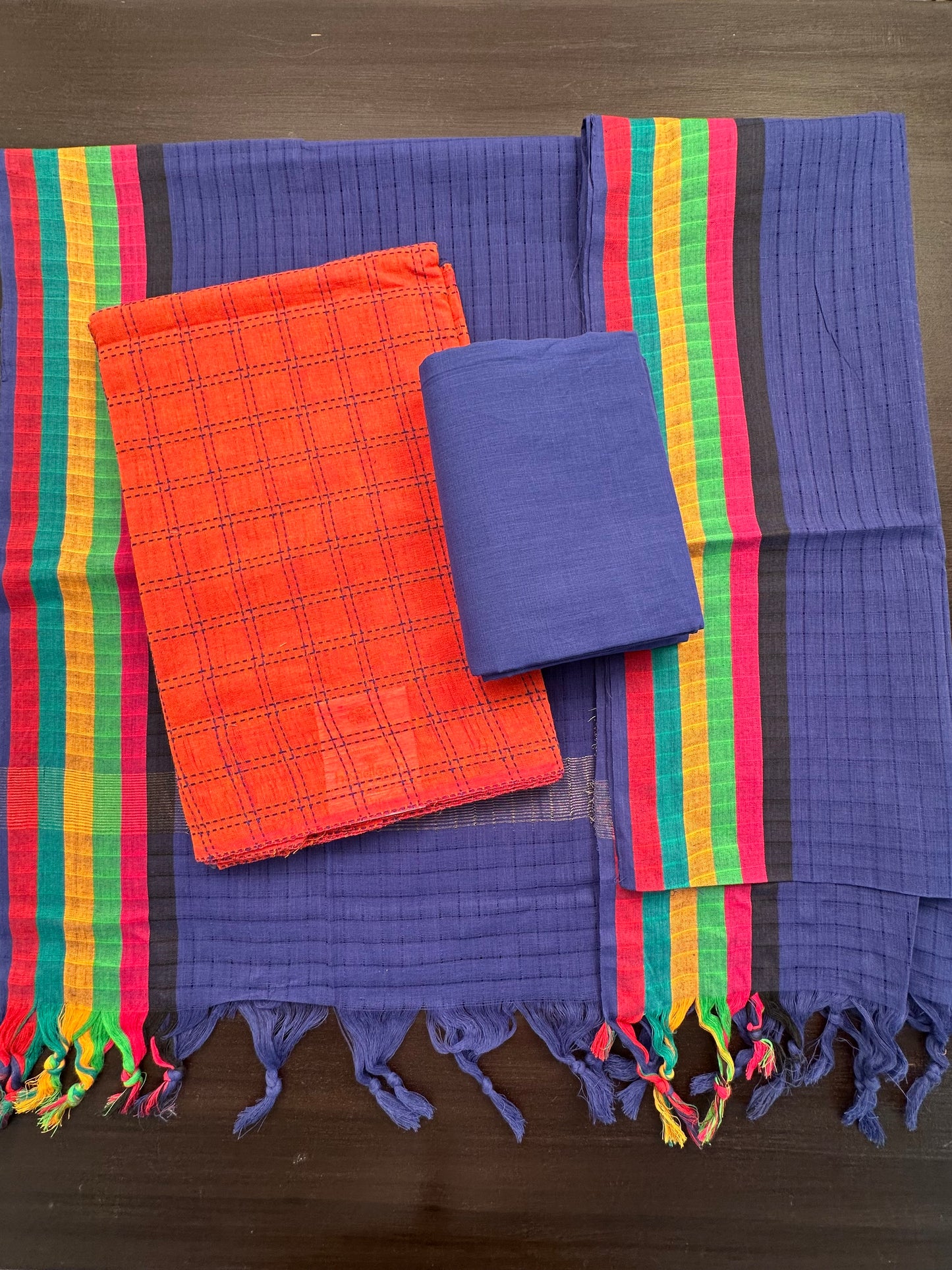 Orange-Blue Checkered South Cotton 3-Piece Suit