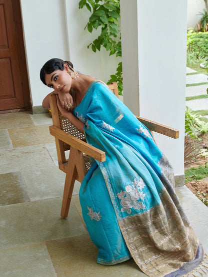Blue Zardozi Tissue Silk Saree
