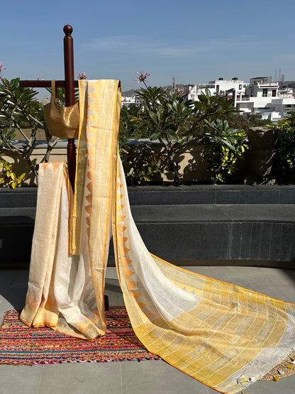 Off White-Yellow Linen Saree