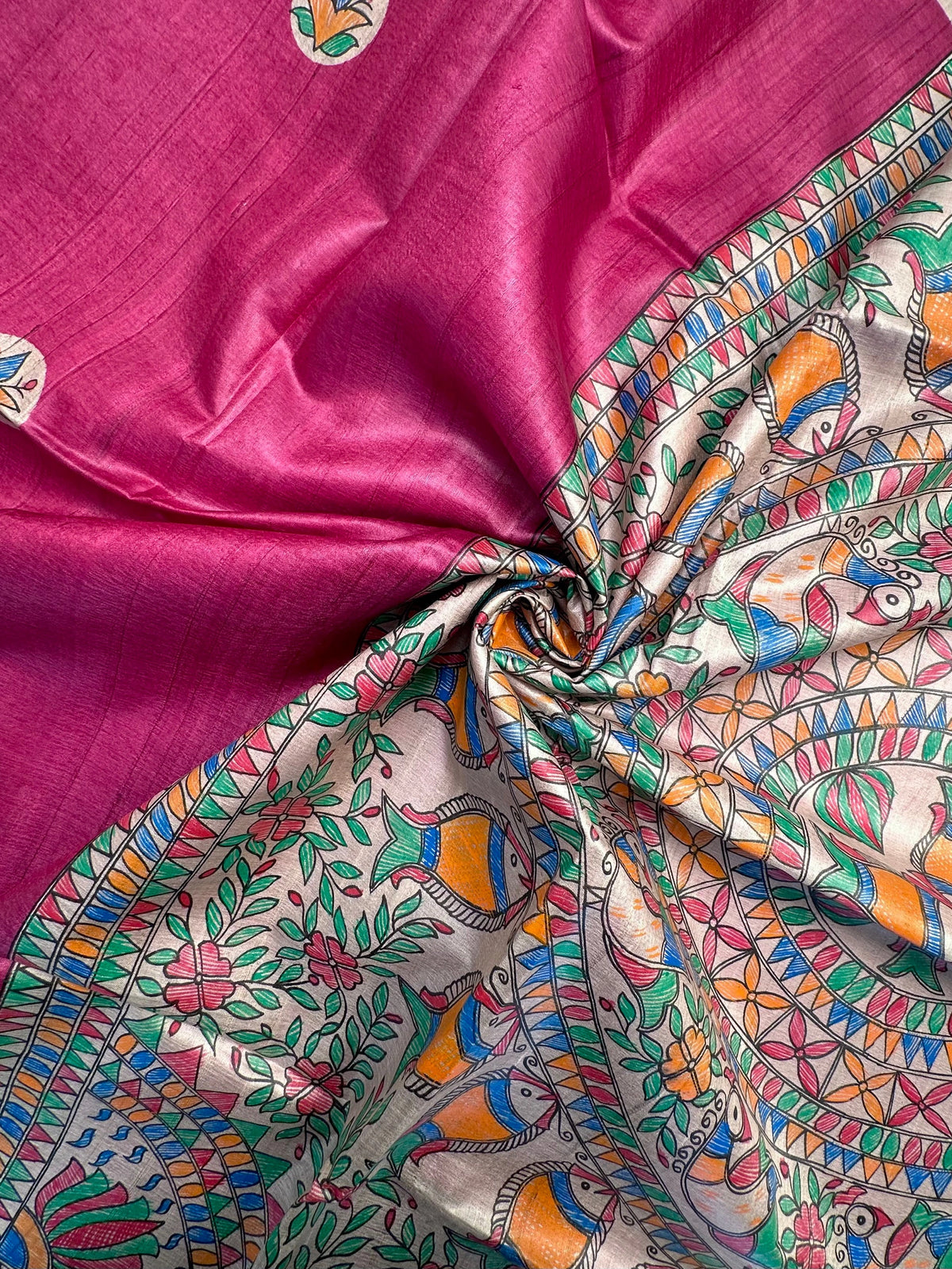 Rani Madhubani Art Pure Tussar Silk Saree