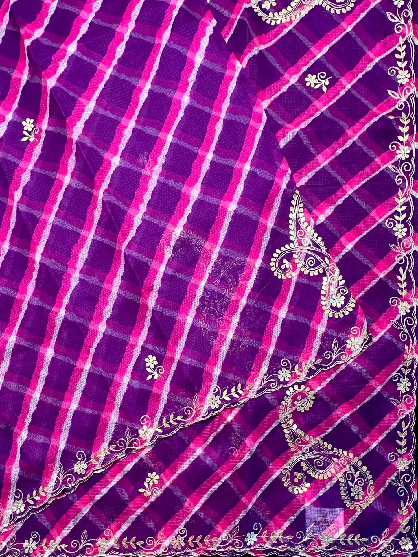 Purple-Rani Kyra Leheriya Kota Doria Pure Silk Saree With Gota Patti Work