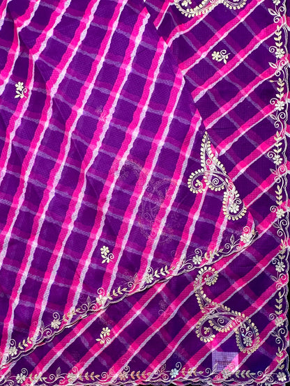 Purple-Rani Kyra Leheriya Kota Doria Pure Silk Saree With Gota Patti Work