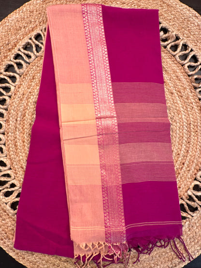 Magenta-Beige Piku Bengal Cotton Saree