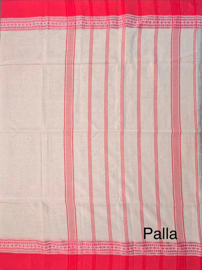 Cream-Red Piku Bengal Cotton Saree