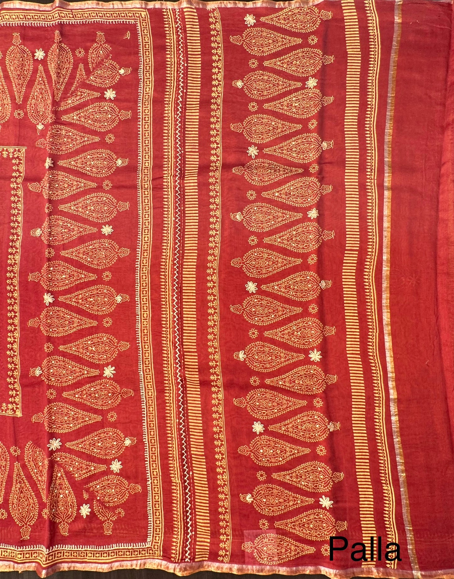Rust-Maroon Block Print Chanderi Saree With Kaantha Stitches