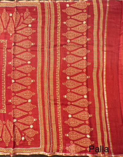 Rust-Maroon Block Print Chanderi Saree With Kaantha Stitches