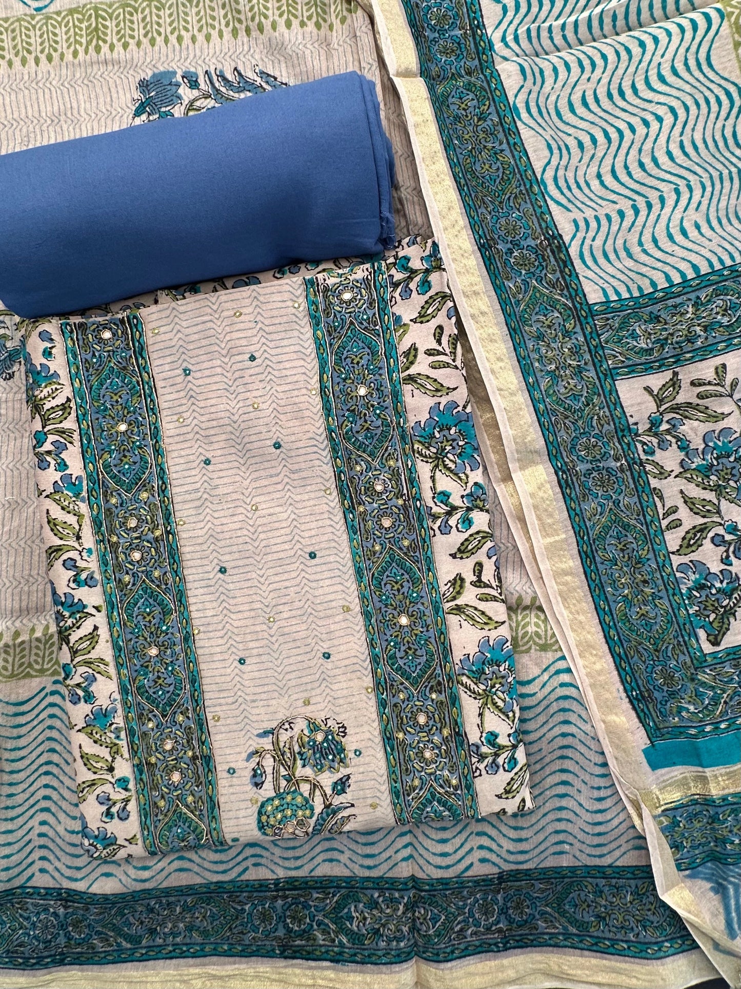 Beige- Blue Chanderi 3-Piece Suit