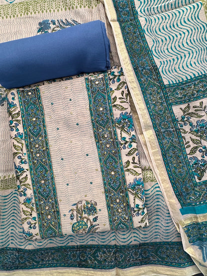 Beige- Blue Chanderi 3-Piece Suit