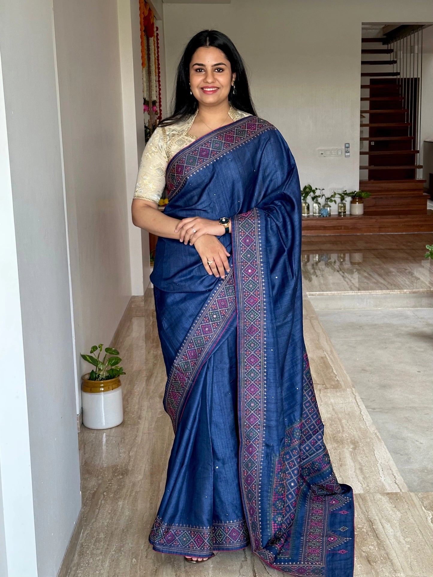 Navy Blue Pure Tussar Silk Saree With Embroidery