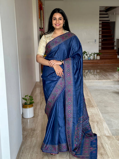 Navy Blue Pure Tussar Silk Saree With Embroidery