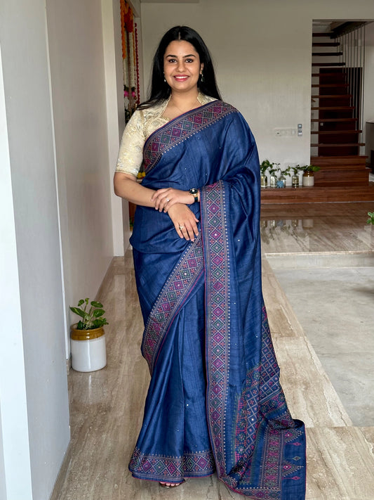 Navy Blue Pure Tussar Silk Saree With Embroidery