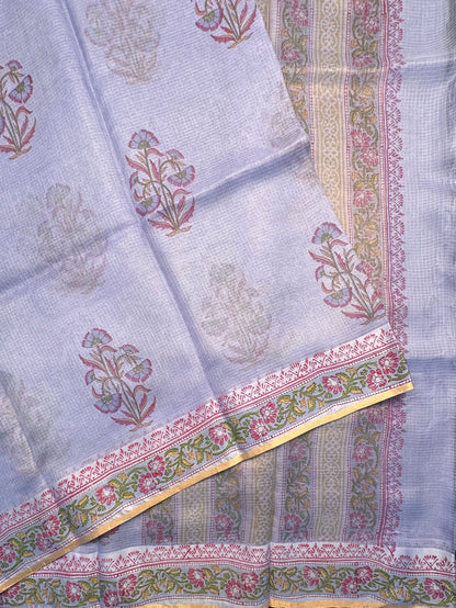 Blue Hand Block-Print Pure Kota Doria Silk Saree