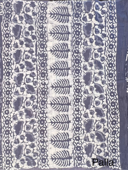 Bluish Grey Hand Block Print Pure Cotton Saree