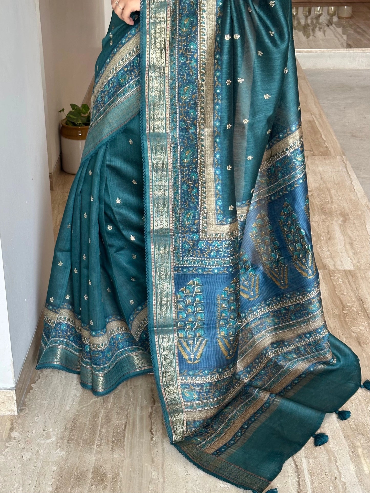 Turquoise Blue Muga Silk Saree