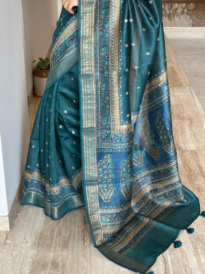 Turquoise Blue Muga Silk Saree