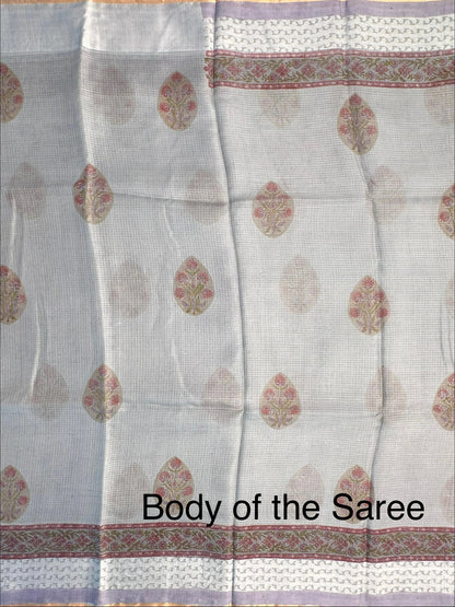 Grey Hand Block-Print Pure Kota Doria Silk Saree