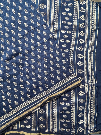 Indigo Blue Printed Cotton Blend Saree