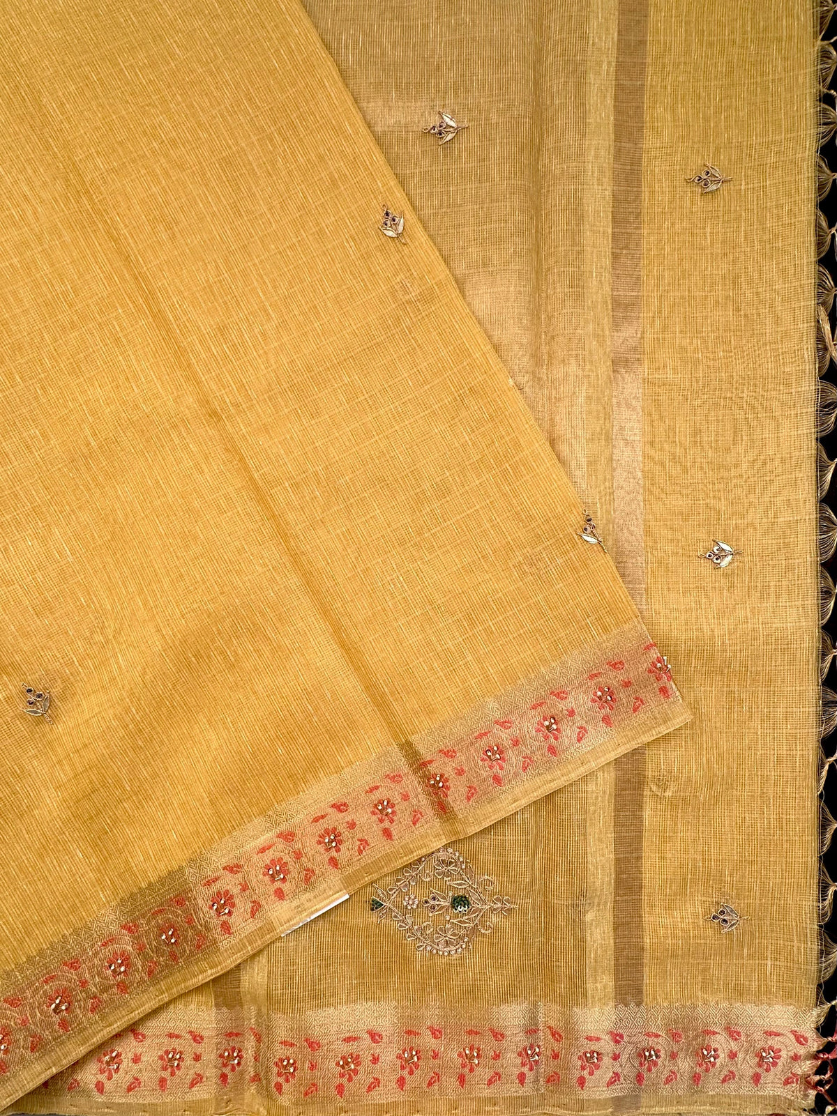 Mustard Fancy Zari Cotton Saree With Hand Work