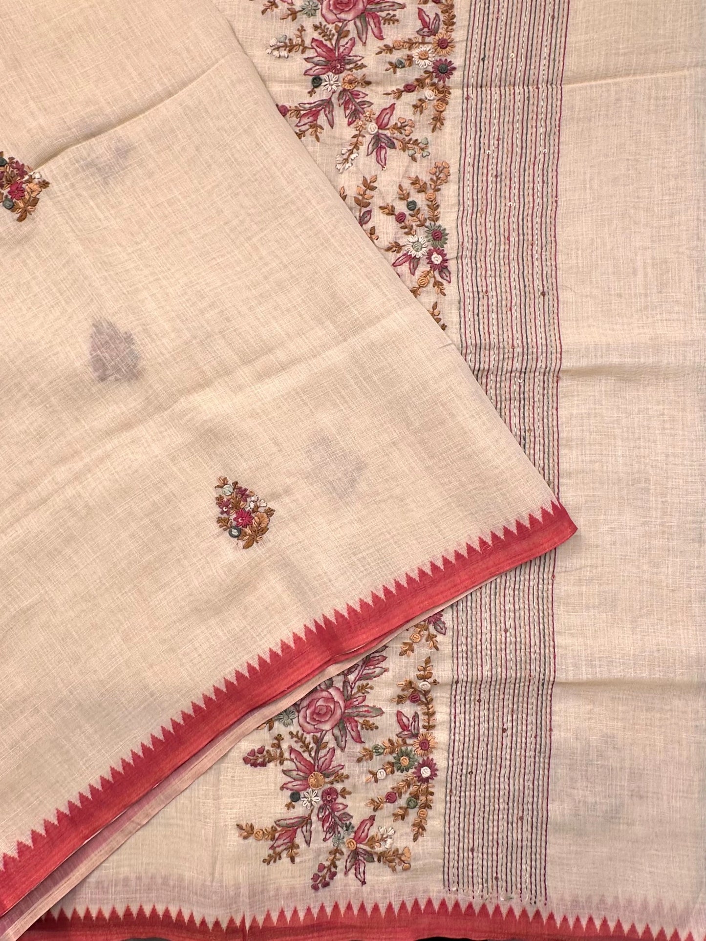 Cream Blended Cotton Saree with Handwork