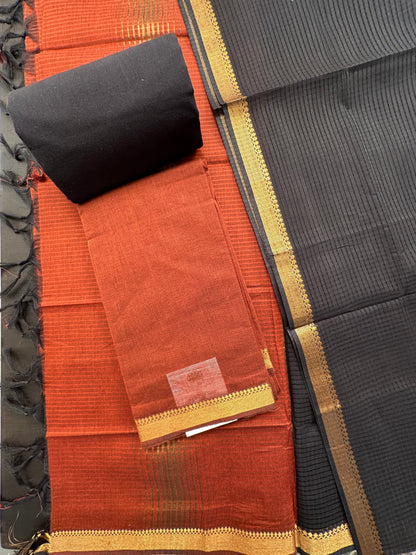 Brown-Black Mangalgiri Pure Cotton Unstitched 3-Piece Suit