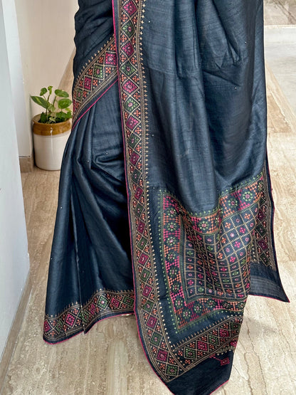Black Pure Tussar Silk Saree With Embroidery