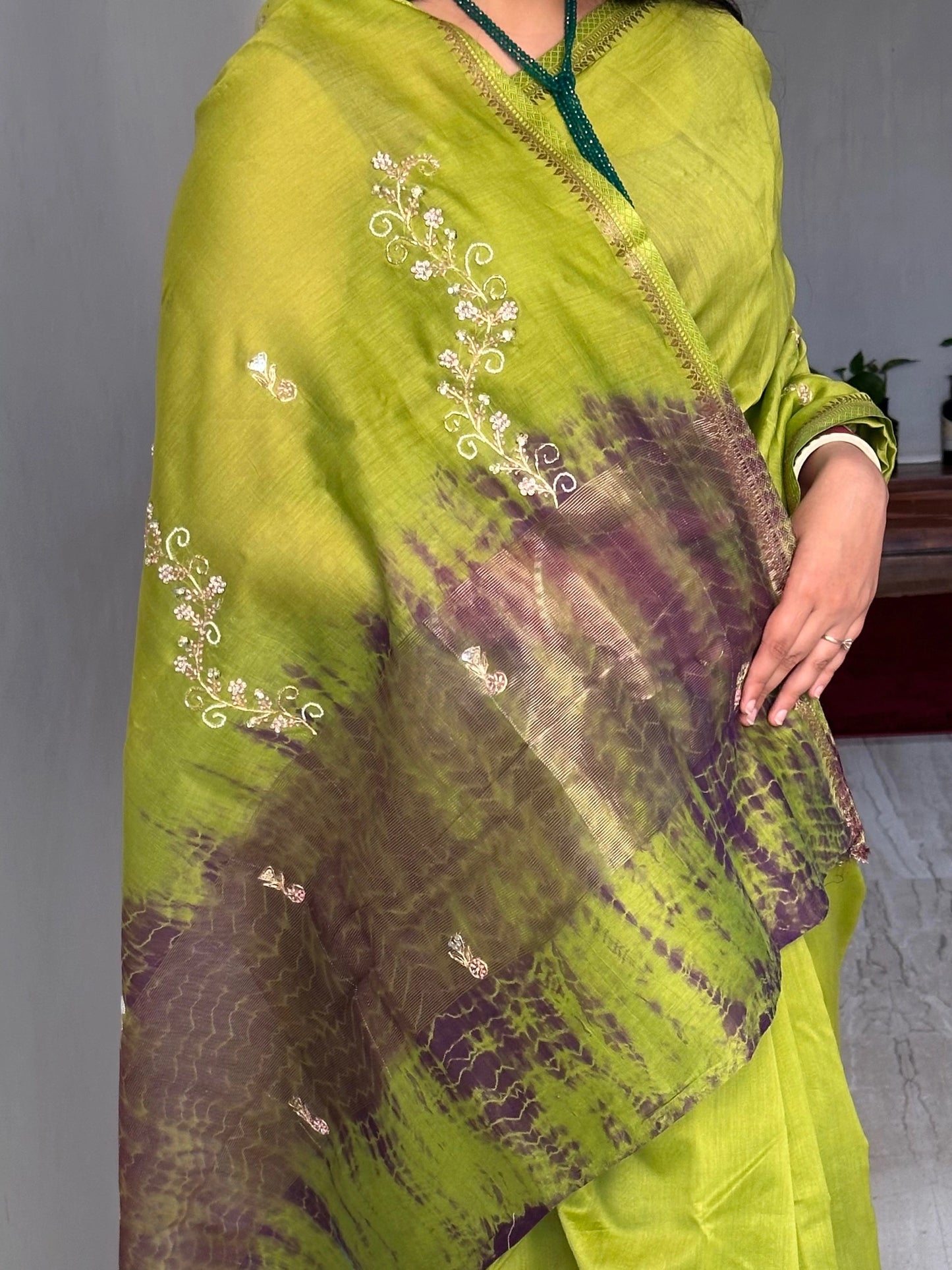 Green Drishti Chanderi Saree With Hand Work