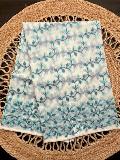 Off White- Sea Green Jamdani Fancy Cotton Saree