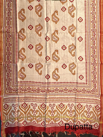 Beige-Rust Printed Chanderi 3-Piece Unstitched Suit