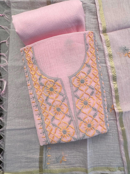 Pink Chanderi Chikankari Handwork 3-Piece Unstitched Suit