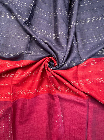 Navy Blue-Red-Magenta Pure Tussar Silk Saree