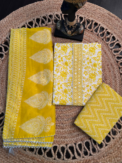 Off White-Yellow Jaipuri Necktie Cotton 3-Piece Suit